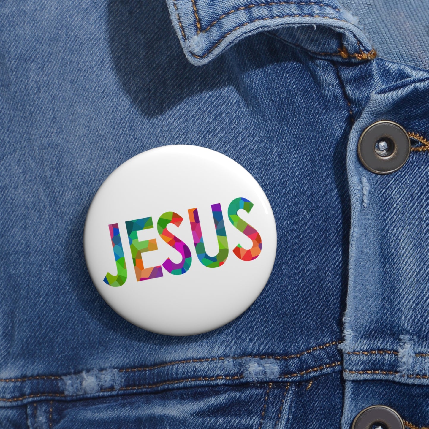 Jesus Button in Signature Rainbow on White