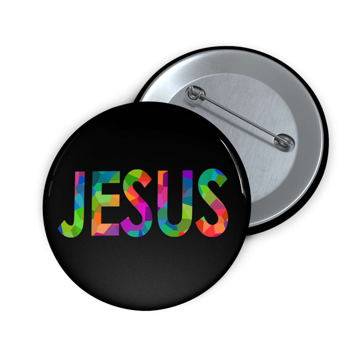 Jesus Button in Signature Rainbow on Black