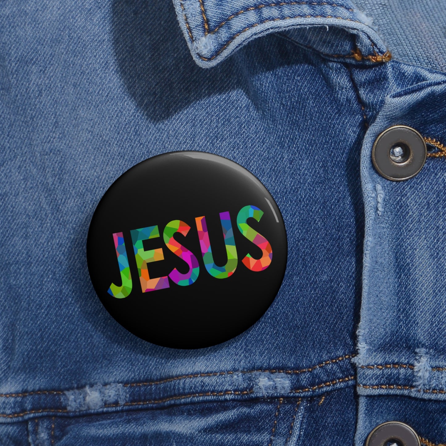 Jesus Button in Signature Rainbow on Black